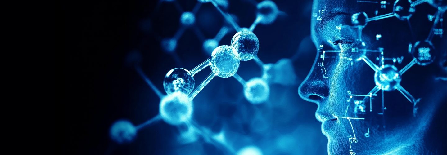 Artificial intelligence face with molecular structure background