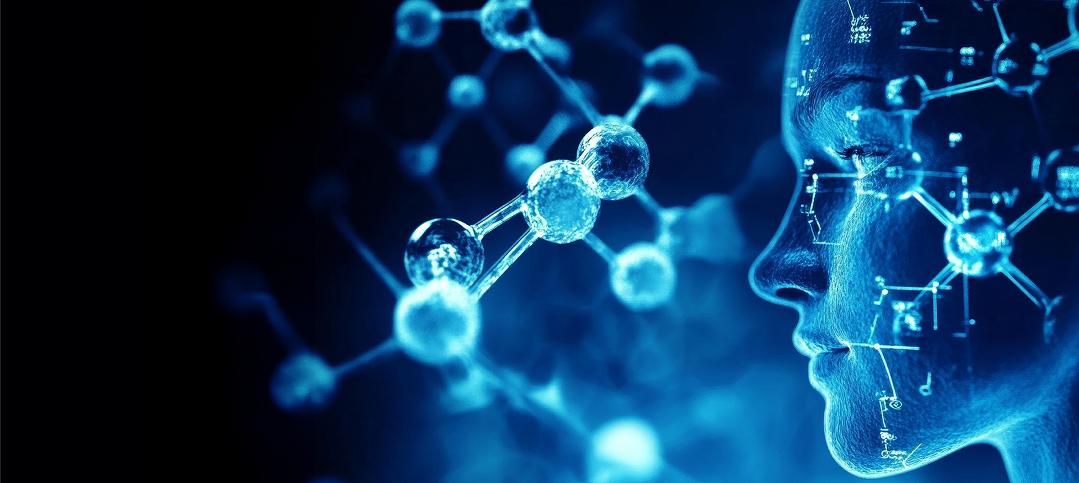 Artificial intelligence face with molecular structure background