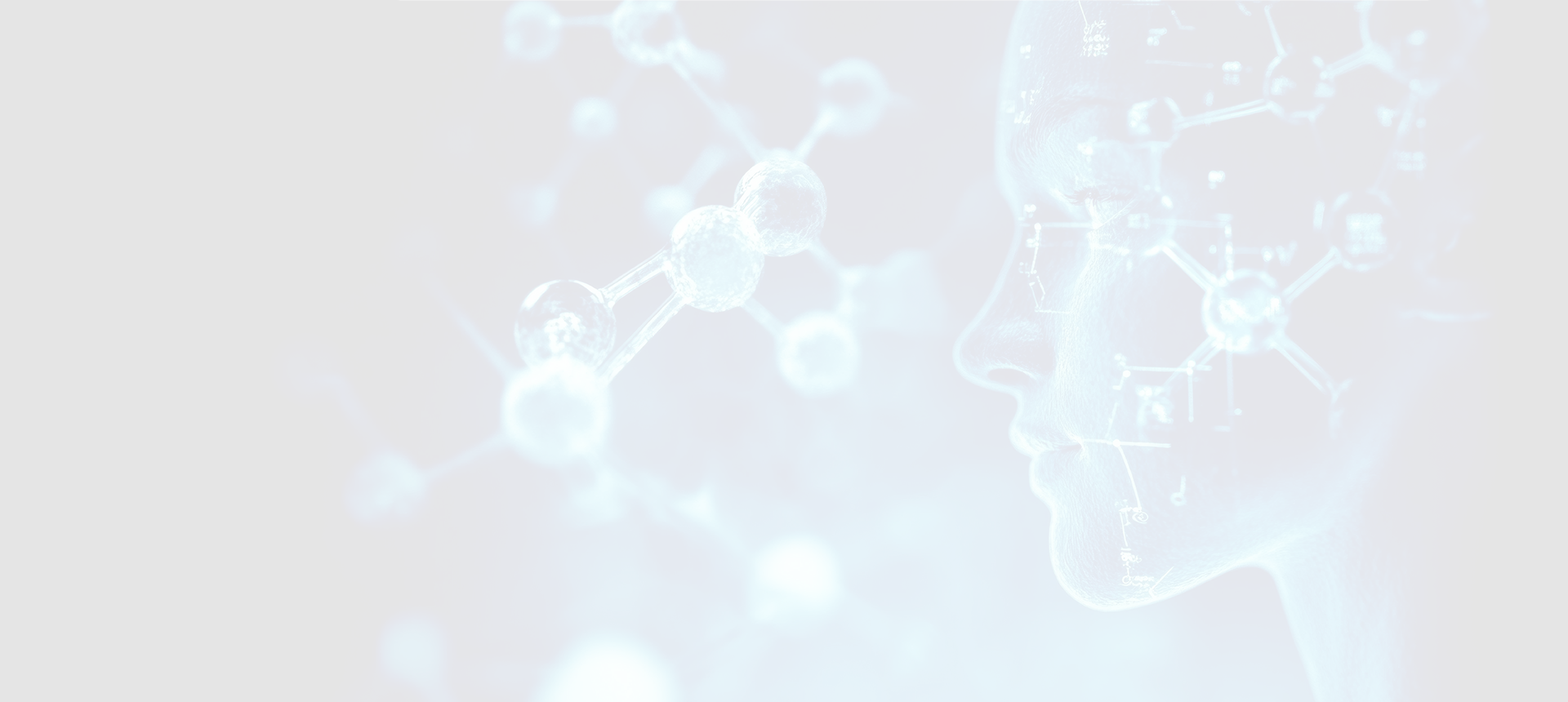 Artificial intelligence face with molecular structure background